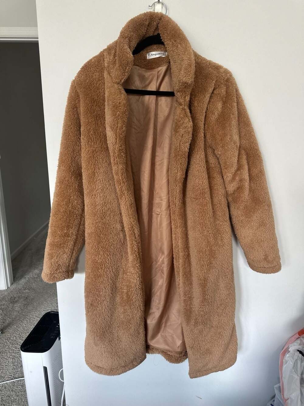 Angashion Women's Open Front Long Faux Fur Teddy Coat Camel Brown Small
